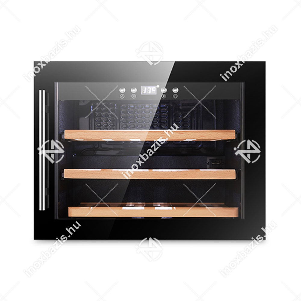 Borhűtő vitrin egyzónás fekete kerettel 60 liter 3 fa polcos beépíthető ipari Ferrara cool
