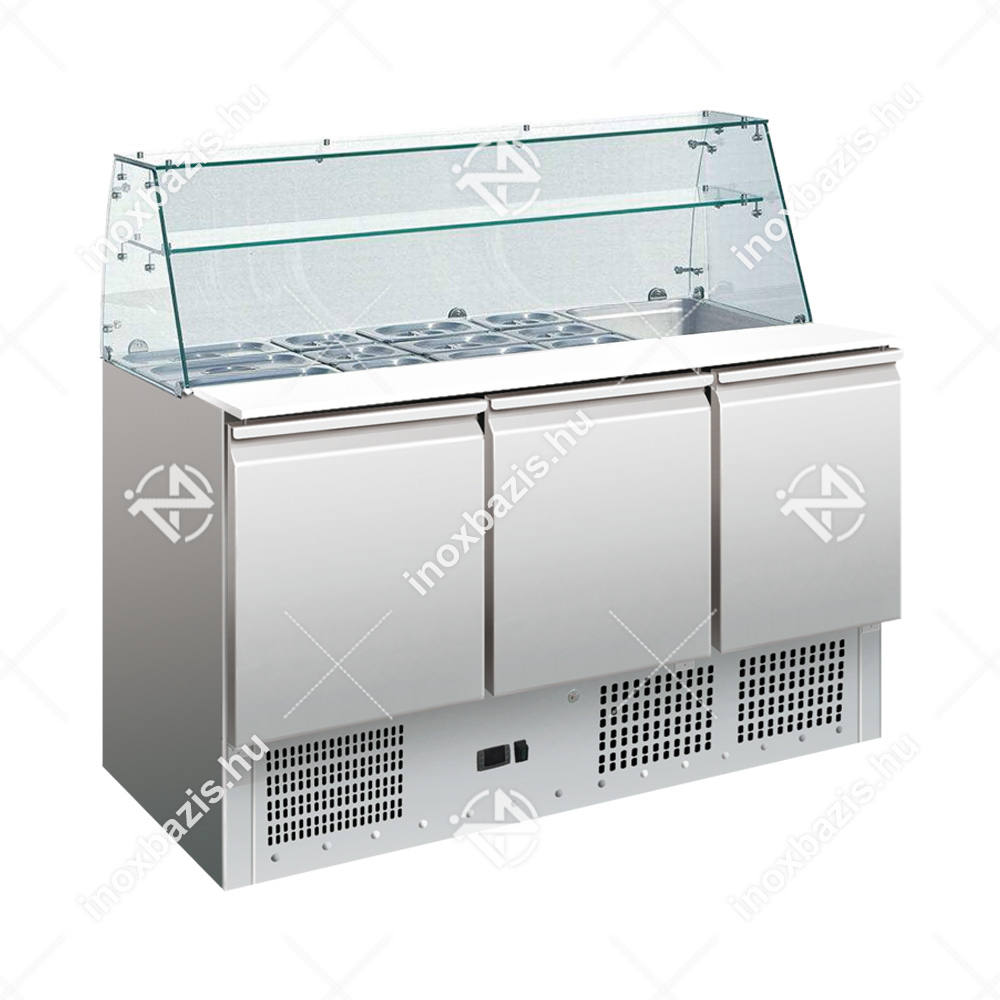 Salátahűtő bemutató hűtő 3 ajtós hajlított üveg felépítménnyel ipari 400 liter Ferrara-Cool